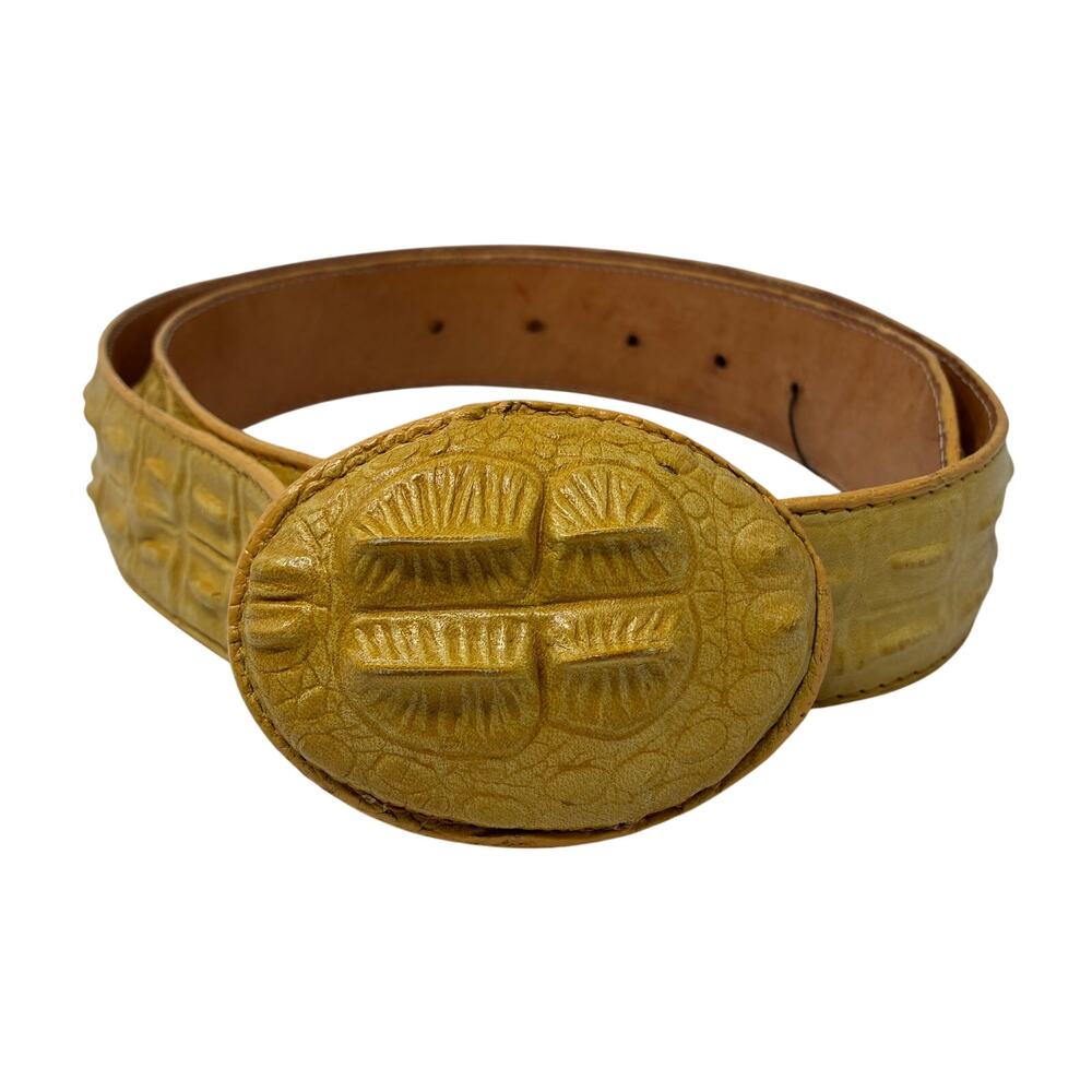 La Barca Croc Embossed Leather Belt Textured Yellow Tan Western Style Size 38
